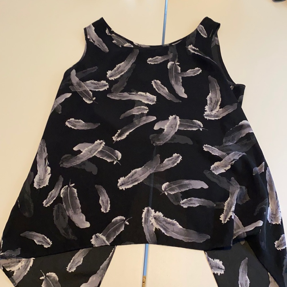 Express Sheer Feather Print Open Back Tank Top